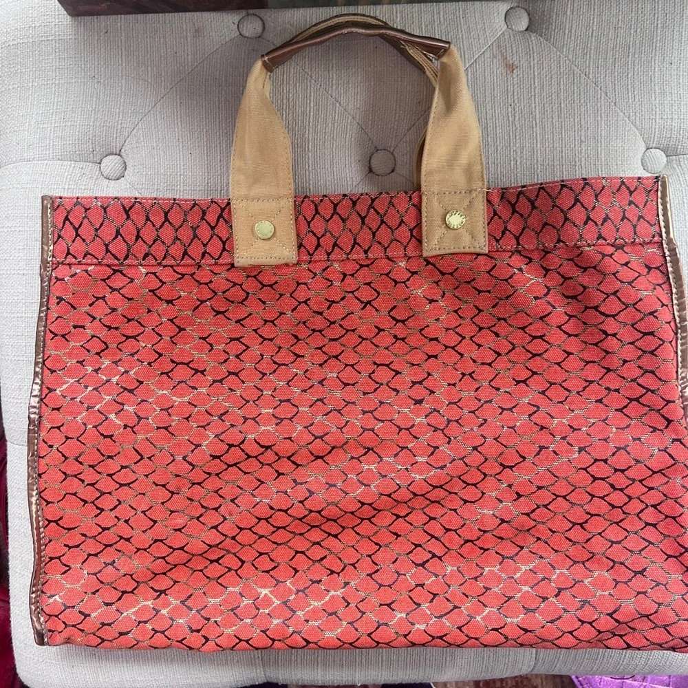 Steve Madden Red Patterned Canvas Tote with Tan Handles